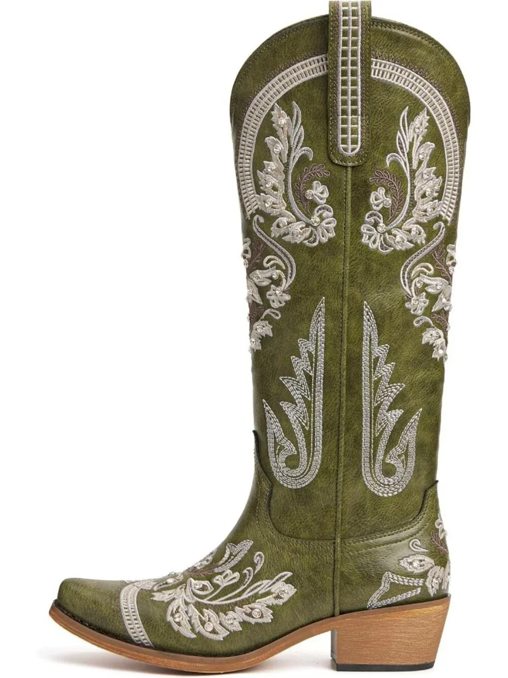 Women's Green Knee High Faux Leather Pointed Toe Western Chunky Tall Heel Boots